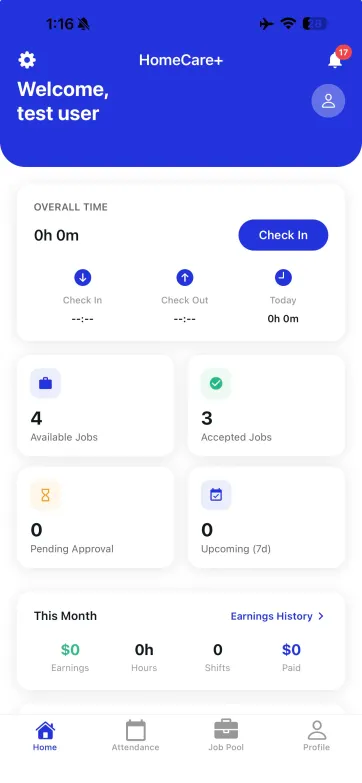 CareNest Link mobile app — caregiver home dashboard with jobs and earnings